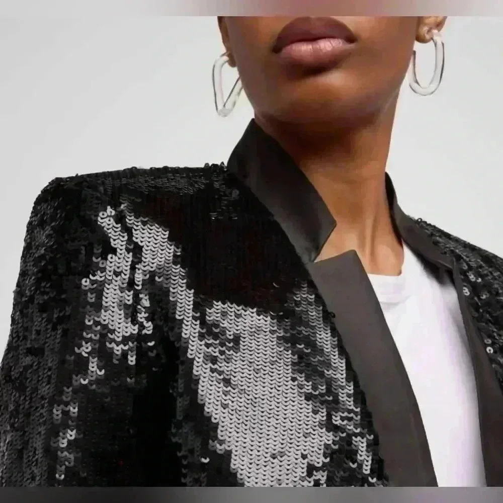 Veronica Beard Sequin Jacket Crop Blazer Delony Black Glitter 12 Notch Open $900 - Picture 4 of 9